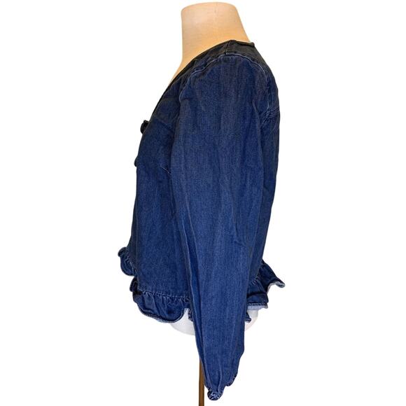 MADEWELL Denim Ruffle Top shirt clare wash $75 BLOGGER FAV SOLD OUT Size S - EUC - Picture 5 of 11